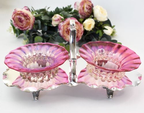 victorian cranberry glass and silver plated double stand r richardson sheffield c1880 - CATEGORY: ANTIQUE GLASS - DATED 1880