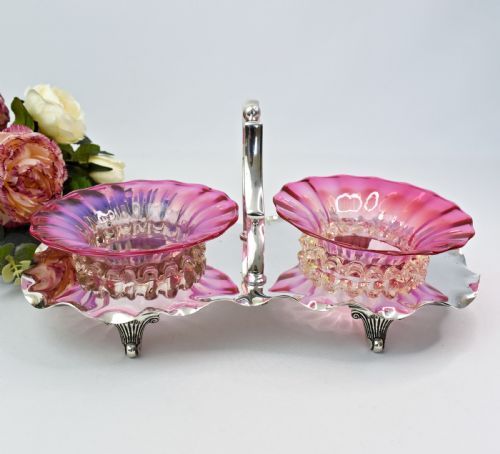 VICTORIAN CRANBERRY GLASS AND SILVER PLATED DOUBLE STAND R RICHARDSON SHEFFIELD C1880 - ADDITIONAL PHOTO 2