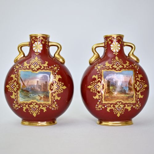 fig 1. Pair of Coalport Moon Flasks, Hand-Painted Harbour Scenes, Claret Ground, circa 1880
