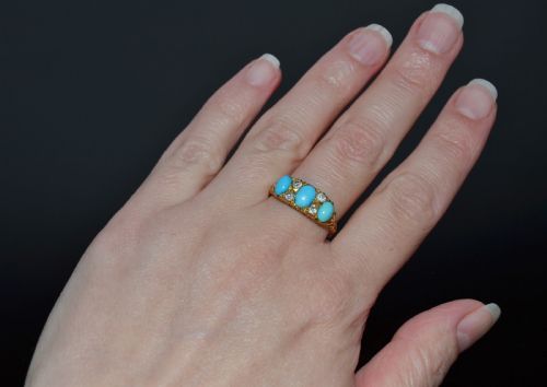 VICTORIAN 18CT GOLD TURQUOISE AND DIAMOND RING C 1880 - ADDITIONAL PHOTO 8