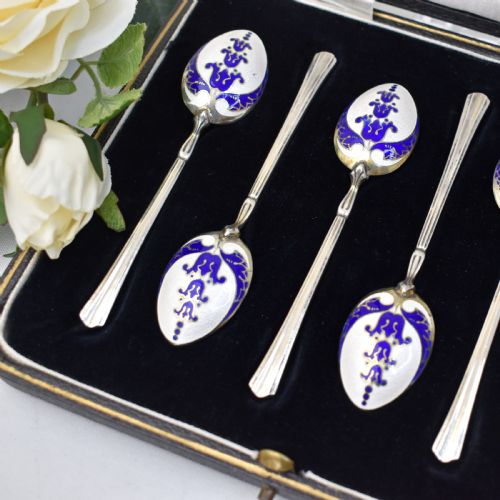 VINTAGE STERLING SILVER GUILLOCH ENAMEL TEA SPOONS IN ORIGINAL BOX TURNER SIMPSON LTD - ADDITIONAL PHOTO 1