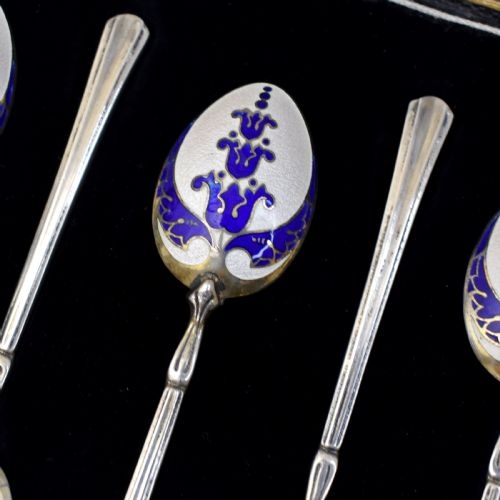VINTAGE STERLING SILVER GUILLOCH ENAMEL TEA SPOONS IN ORIGINAL BOX TURNER SIMPSON LTD - ADDITIONAL PHOTO 2