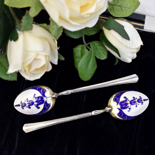 VINTAGE STERLING SILVER GUILLOCH ENAMEL TEA SPOONS IN ORIGINAL BOX TURNER SIMPSON LTD - ADDITIONAL PHOTO 4