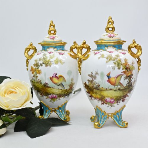 A FINE PAIR OF ROYAL CROWN DERBY TWINHANDLED LIDDED VASES BY CHARLES HARRIS 1906 - ADDITIONAL PHOTO 1