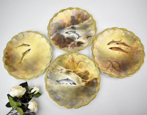 SET OF FOUR ROYAL DOULTON FISH PLATES PAINTED BY JOSEPH BIRBECK SENIOR