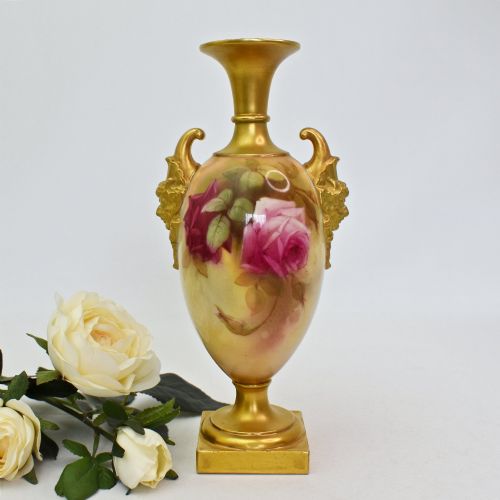 ROYAL WORCESTER WALTER SEDGLEY SIGNED ROSE PAINTED VASE JESTER GILT MASK HANDLES 1923