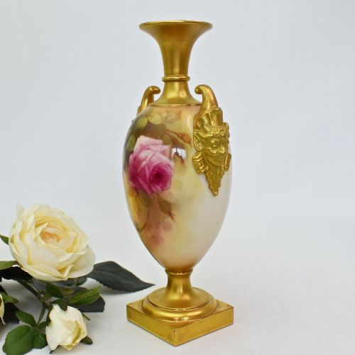 ROYAL WORCESTER WALTER SEDGLEY SIGNED ROSE PAINTED VASE JESTER GILT MASK HANDLES 1923 - ADDITIONAL PHOTO 1