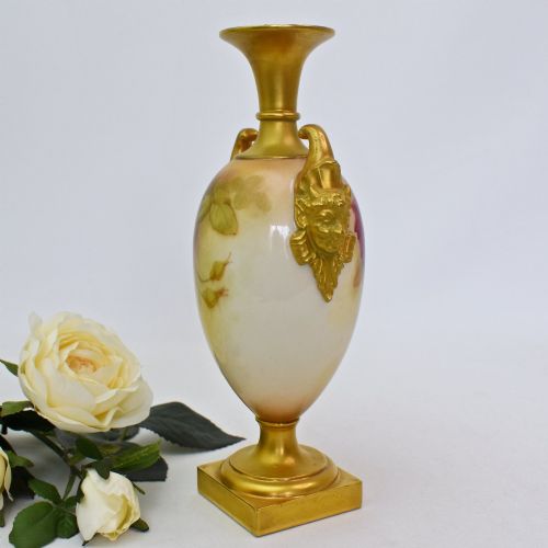 ROYAL WORCESTER WALTER SEDGLEY SIGNED ROSE PAINTED VASE JESTER GILT MASK HANDLES 1923 - ADDITIONAL PHOTO 3