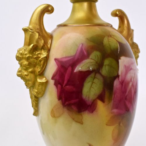ROYAL WORCESTER WALTER SEDGLEY SIGNED ROSE PAINTED VASE JESTER GILT MASK HANDLES 1923 - ADDITIONAL PHOTO 6