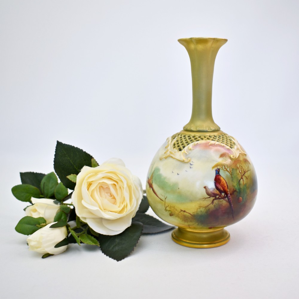 Royal Worcester Vase by Jack Southall – Pierced Shoulders, Hand-Painted Pheasants, 1909