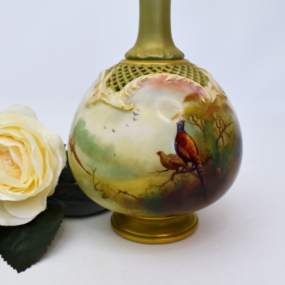 Royal Worcester Vase by Jack Southall – Pierced Shoulders, Hand-Painted Pheasants, 1909 View II