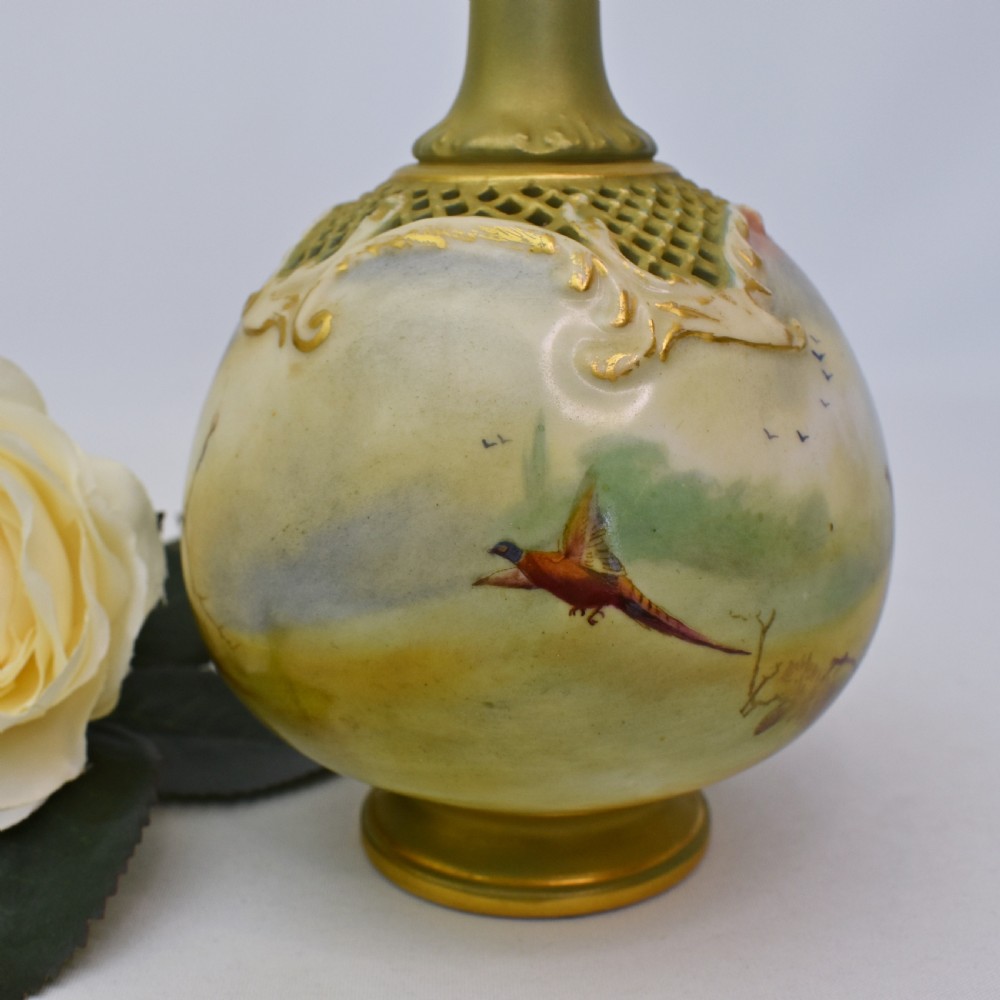 Royal Worcester Vase by Jack Southall – Pierced Shoulders, Hand-Painted Pheasants, 1909 View III