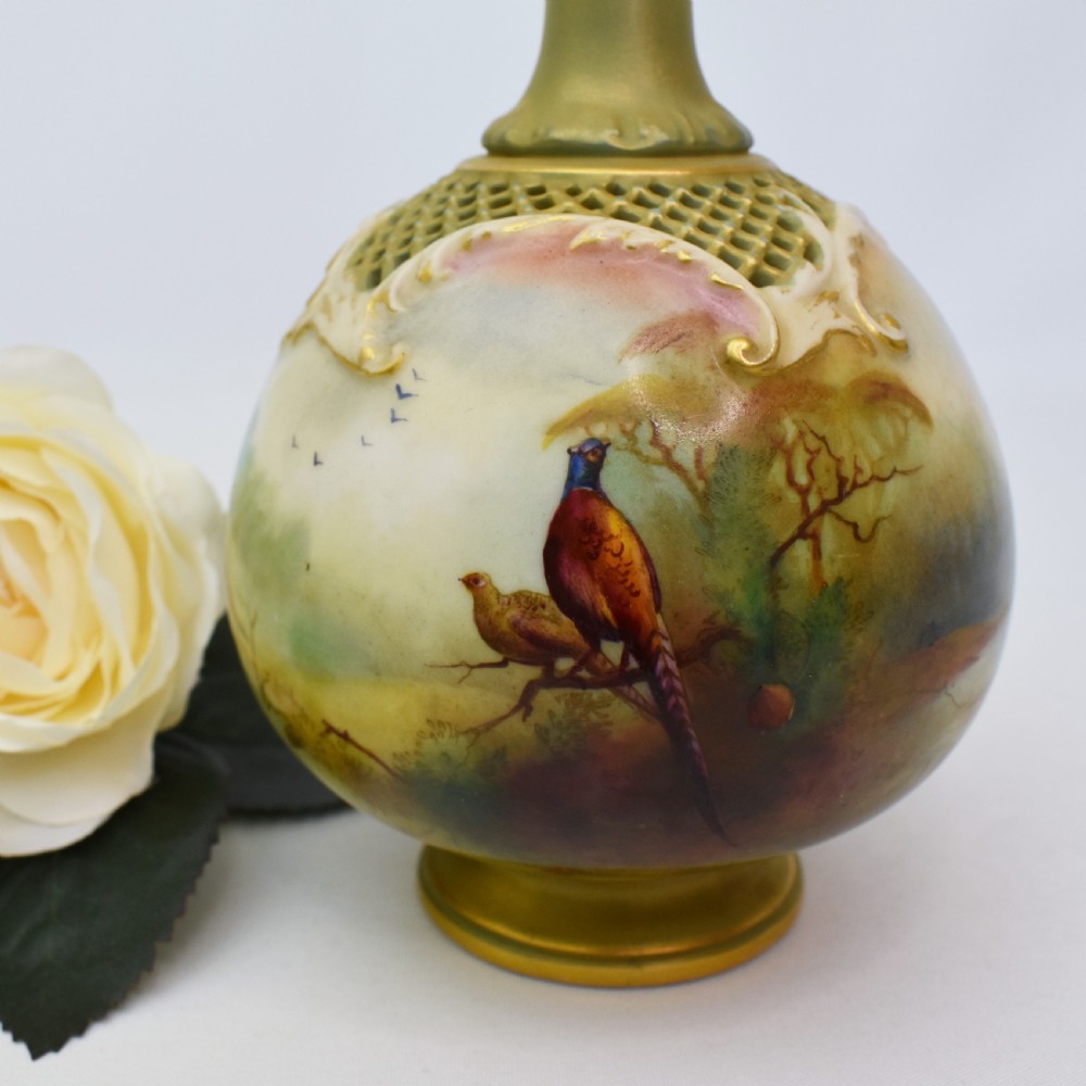 Royal Worcester Vase by Jack Southall – Pierced Shoulders, Hand-Painted Pheasants, 1909 View V