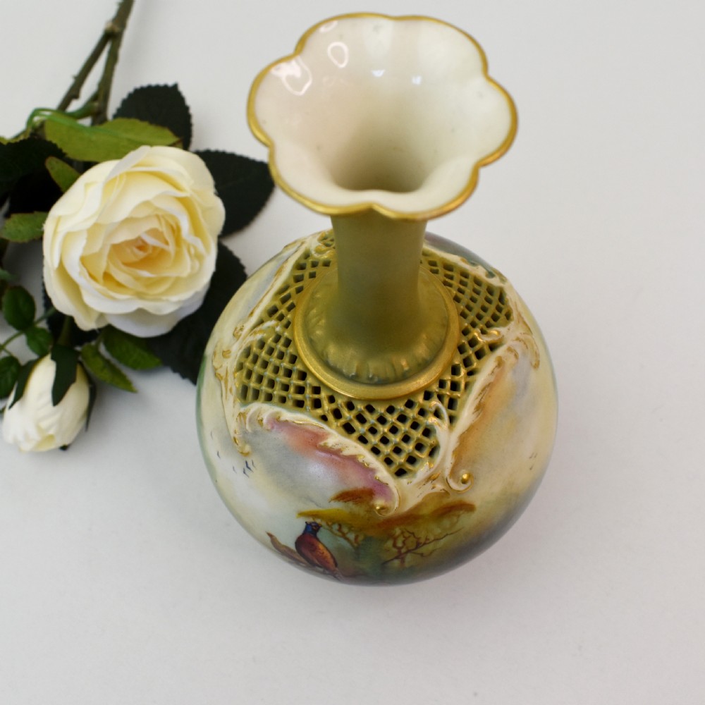 Royal Worcester Vase by Jack Southall – Pierced Shoulders, Hand-Painted Pheasants, 1909 View IX