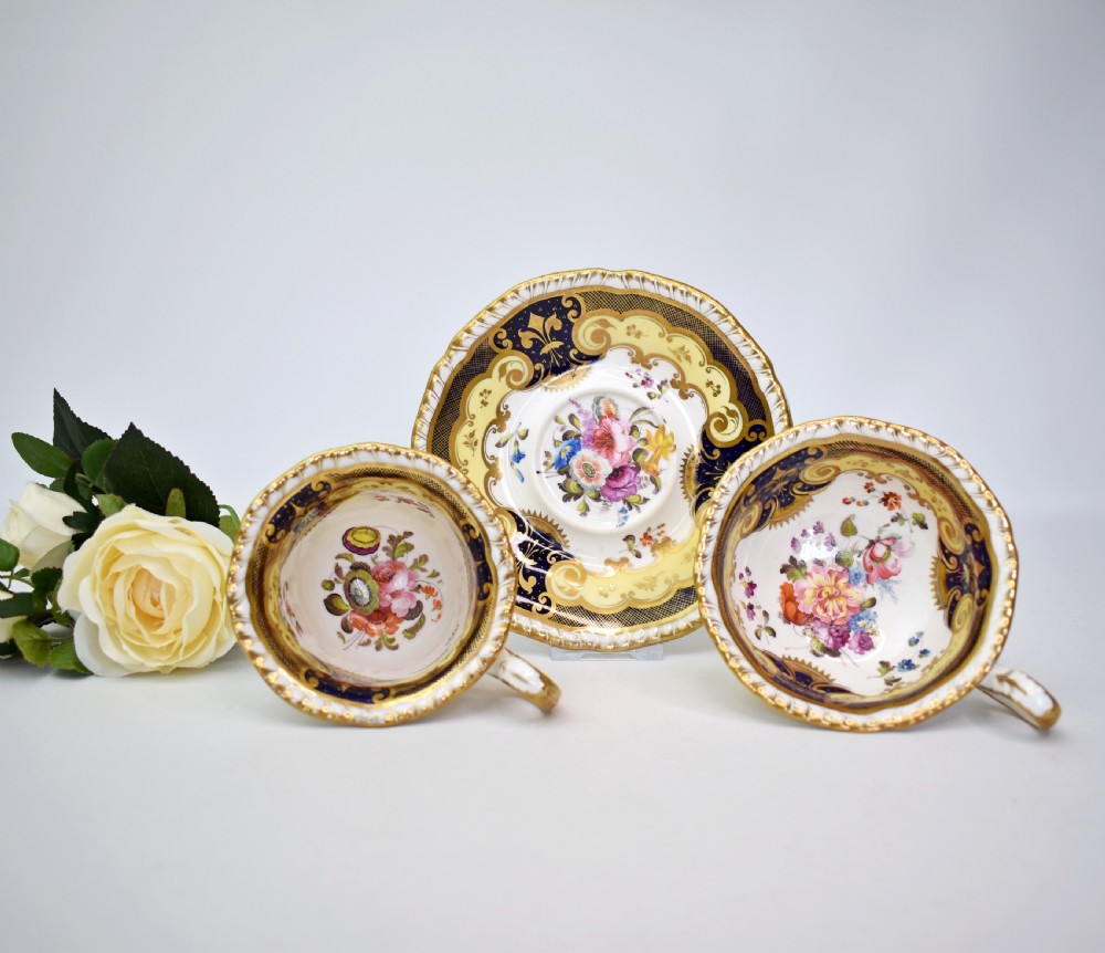 H R Daniel True Tea Trio, c.1825, Pattern 4058, Second Gadroon Shape, Hand-Painted Flowers
