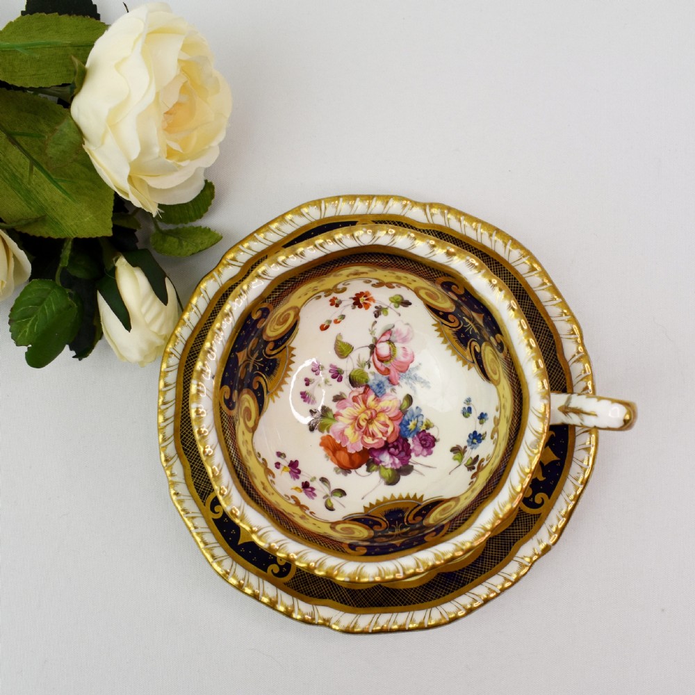 H R Daniel True Tea Trio, c.1825, Pattern 4058, Second Gadroon Shape, Hand-Painted Flowers View VI
