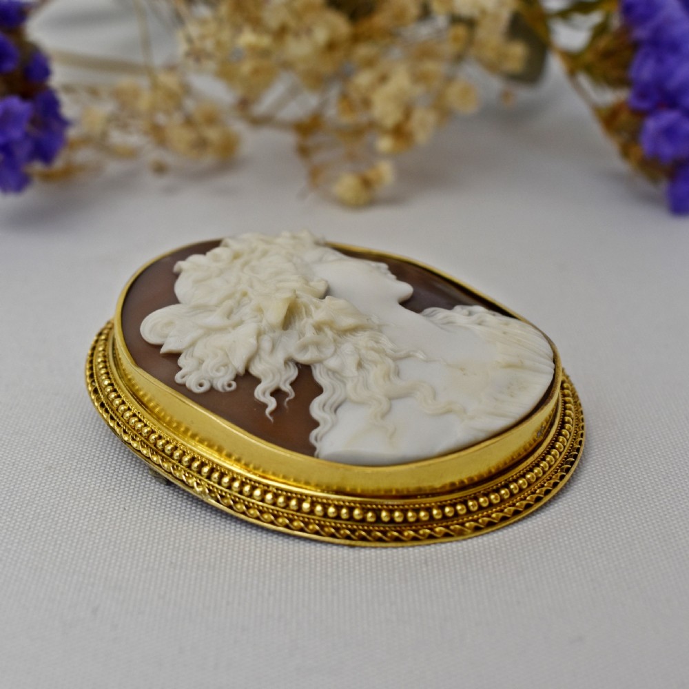 An oval Victorian cameo brooch featuring a white carved relief profile of Goddess Flora set within an 18ct gold frame with a twisted wire border. View II