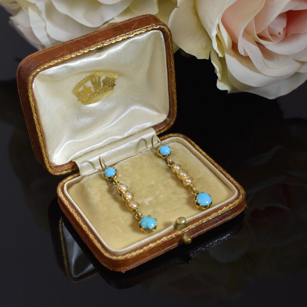 Elegant Edwardian 15ct Gold Turquoise and Pearl Earrings, c 1900