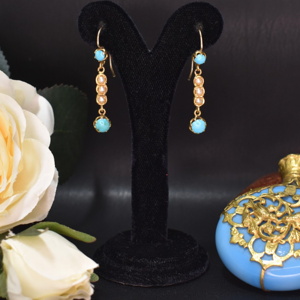 Elegant Edwardian 15ct Gold Turquoise and Pearl Earrings, c 1900 View II