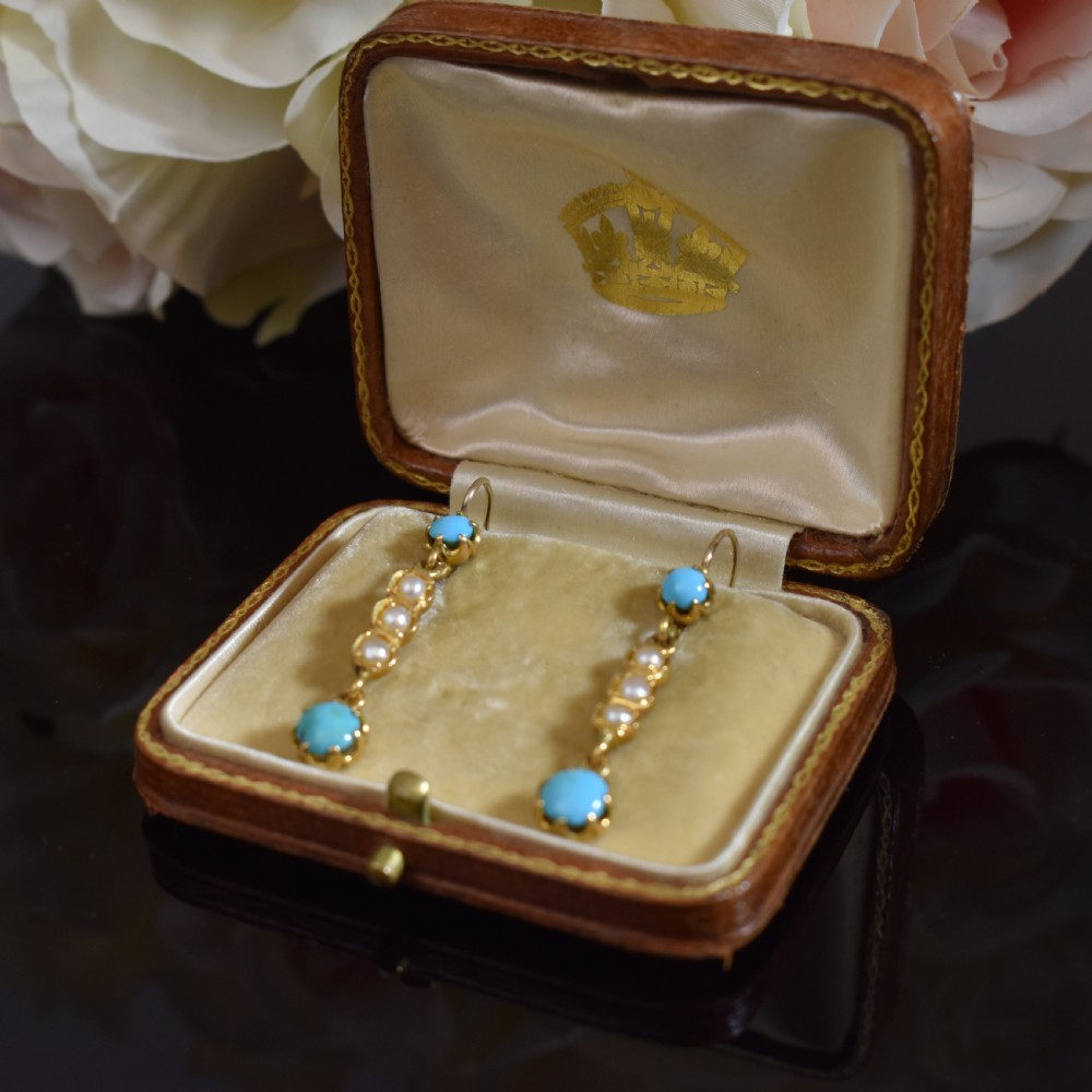 Elegant Edwardian 15ct Gold Turquoise and Pearl Earrings, c 1900 View III