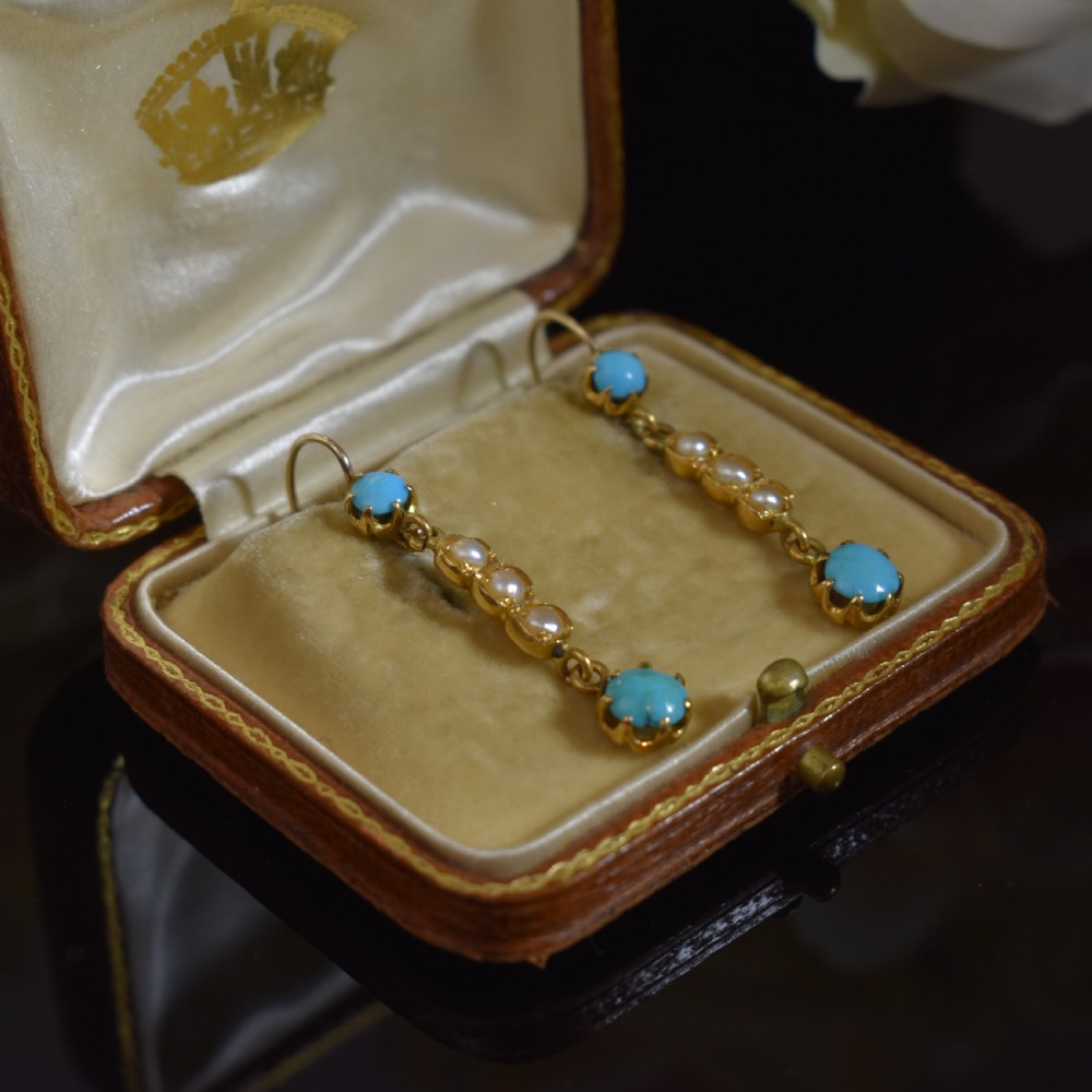 Elegant Edwardian 15ct Gold Turquoise and Pearl Earrings, c 1900 View IV