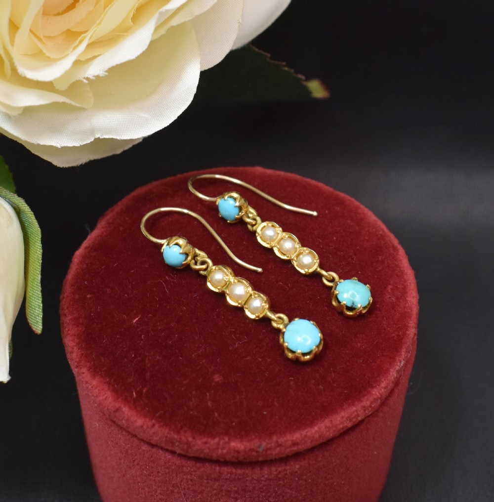 Elegant Edwardian 15ct Gold Turquoise and Pearl Earrings, c 1900 View V
