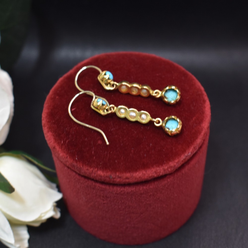 Elegant Edwardian 15ct Gold Turquoise and Pearl Earrings, c 1900 View VI