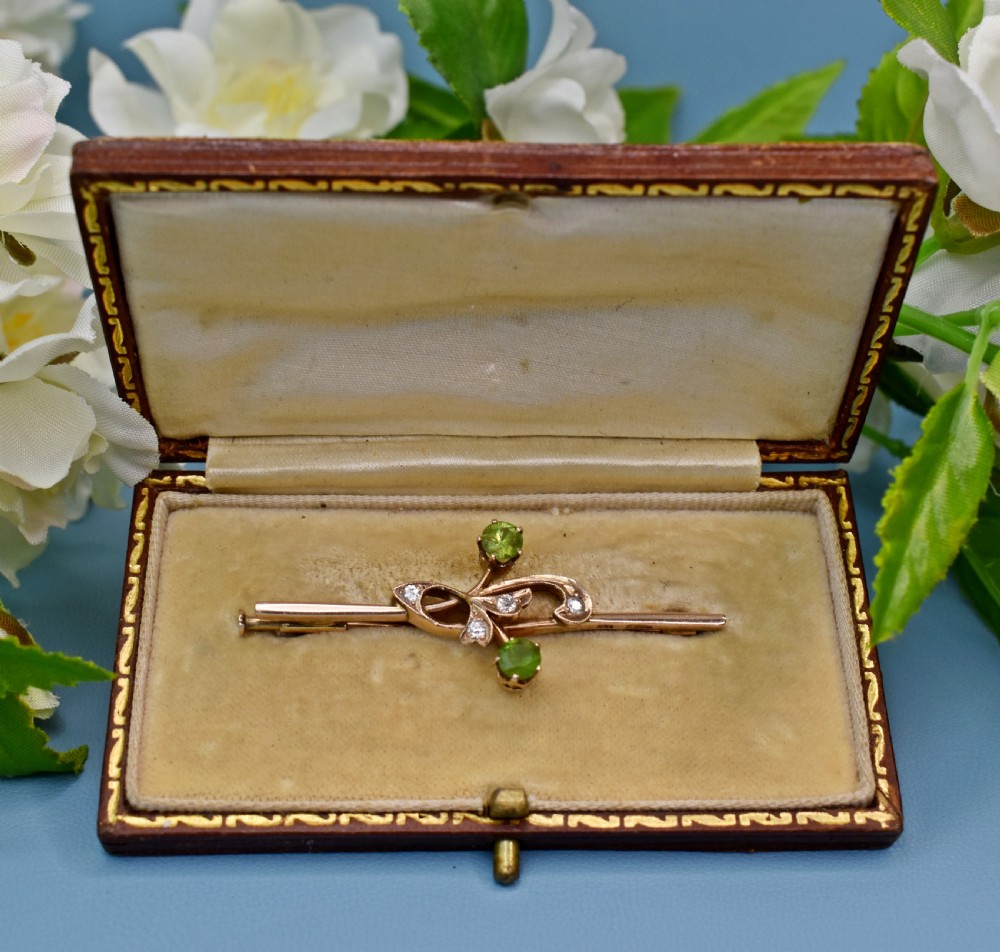 Beautiful Russian Demantoid Garnets and Diamonds 14ct Rose Gold Brooch View II