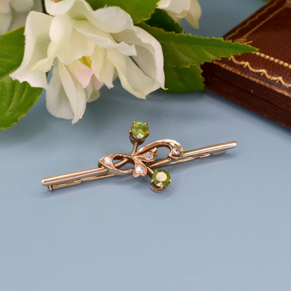 Beautiful Russian Demantoid Garnets and Diamonds 14ct Rose Gold Brooch View VI