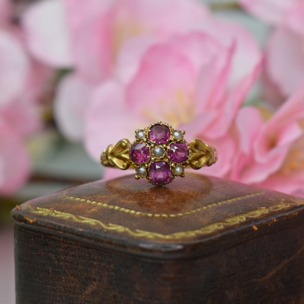 Antique 15ct Gold Flower Ring • Garnet & Pearl Cluster • Hallmarked 1848 • Victorian Ring