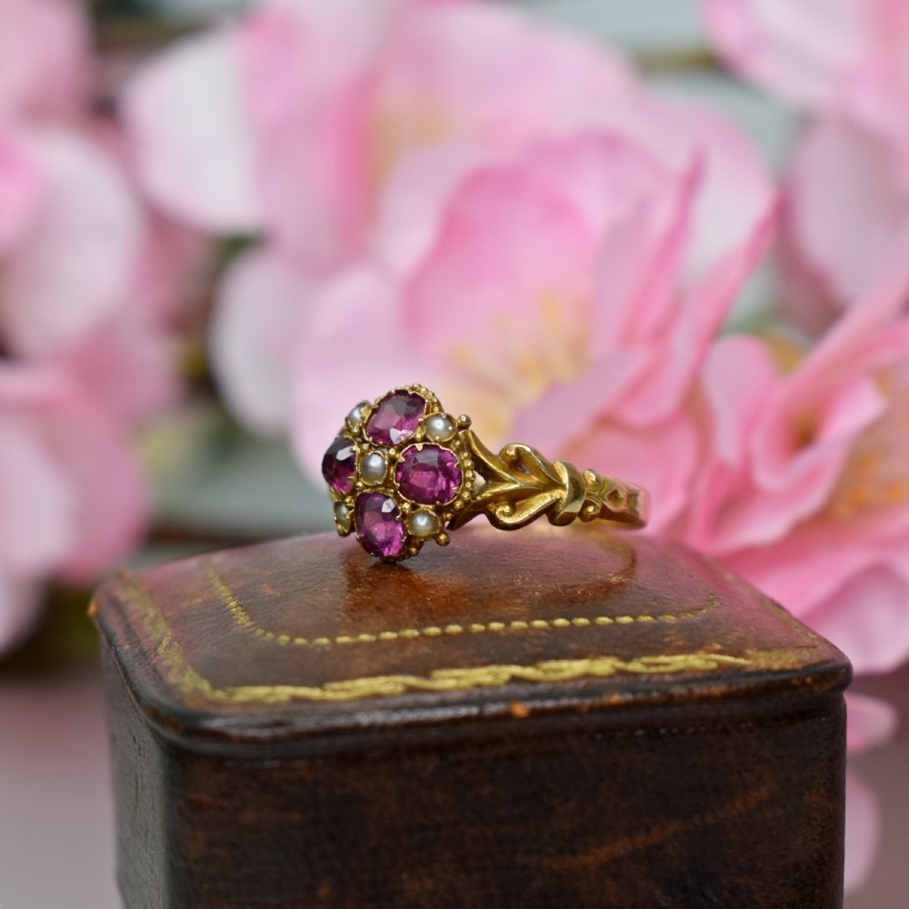 Antique 15ct Gold Flower Ring • Garnet & Pearl Cluster • Hallmarked 1848 • Victorian Ring View II
