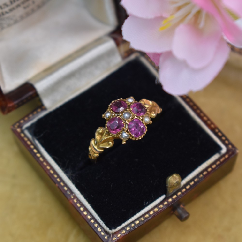 Antique 15ct Gold Flower Ring • Garnet & Pearl Cluster • Hallmarked 1848 • Victorian Ring View III