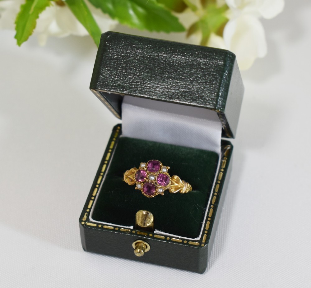 Antique 15ct Gold Flower Ring • Garnet & Pearl Cluster • Hallmarked 1848 • Victorian Ring View V