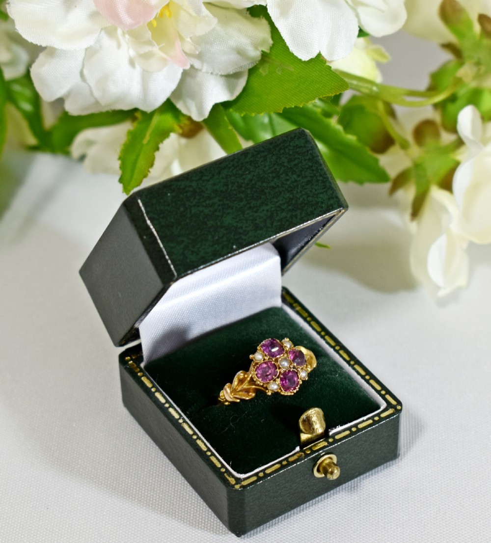 Antique 15ct Gold Flower Ring • Garnet & Pearl Cluster • Hallmarked 1848 • Victorian Ring View VI