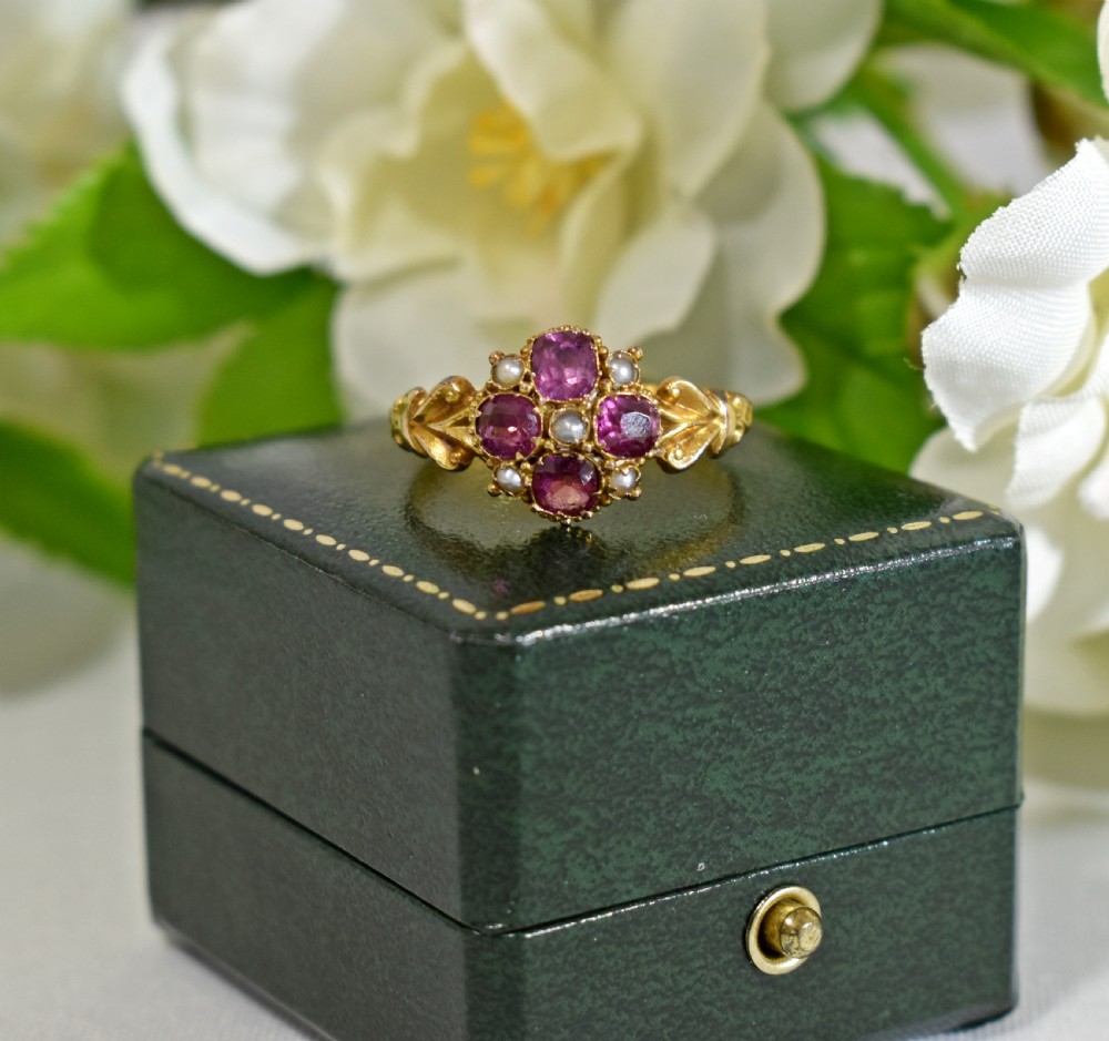 Antique 15ct Gold Flower Ring • Garnet & Pearl Cluster • Hallmarked 1848 • Victorian Ring View VII