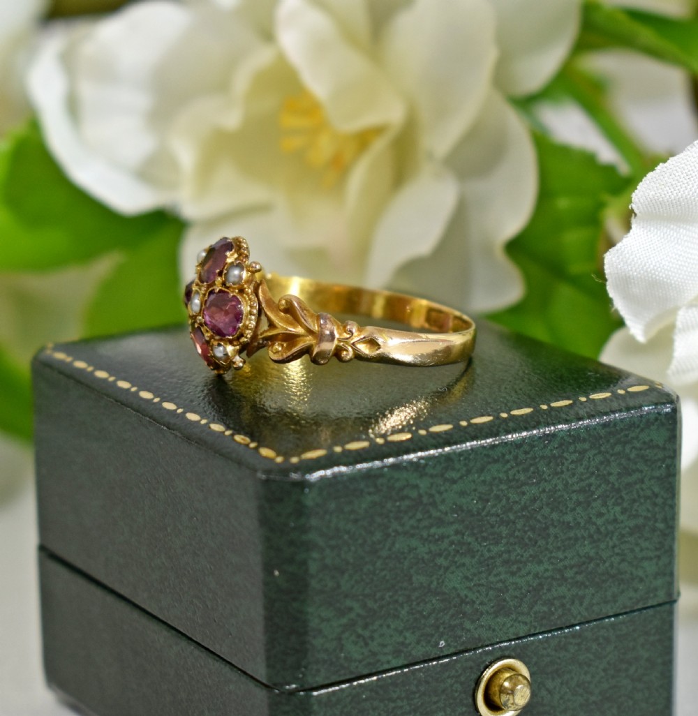 Antique 15ct Gold Flower Ring • Garnet & Pearl Cluster • Hallmarked 1848 • Victorian Ring View VIII
