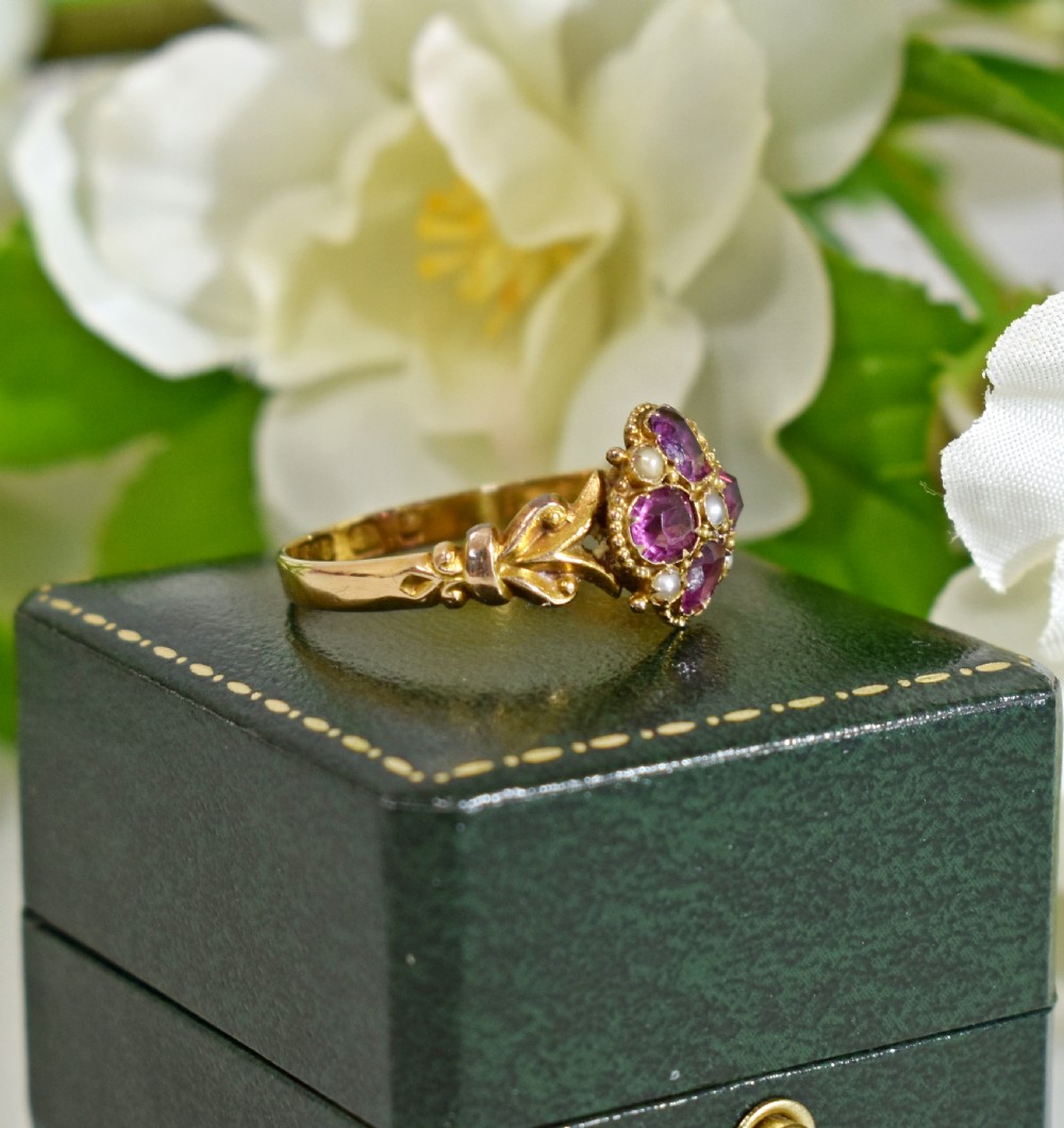Antique 15ct Gold Flower Ring • Garnet & Pearl Cluster • Hallmarked 1848 • Victorian Ring View IX