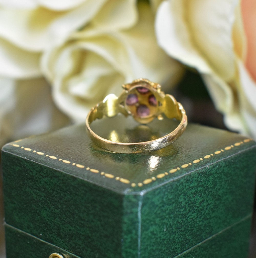 Antique 15ct Gold Flower Ring • Garnet & Pearl Cluster • Hallmarked 1848 • Victorian Ring View X
