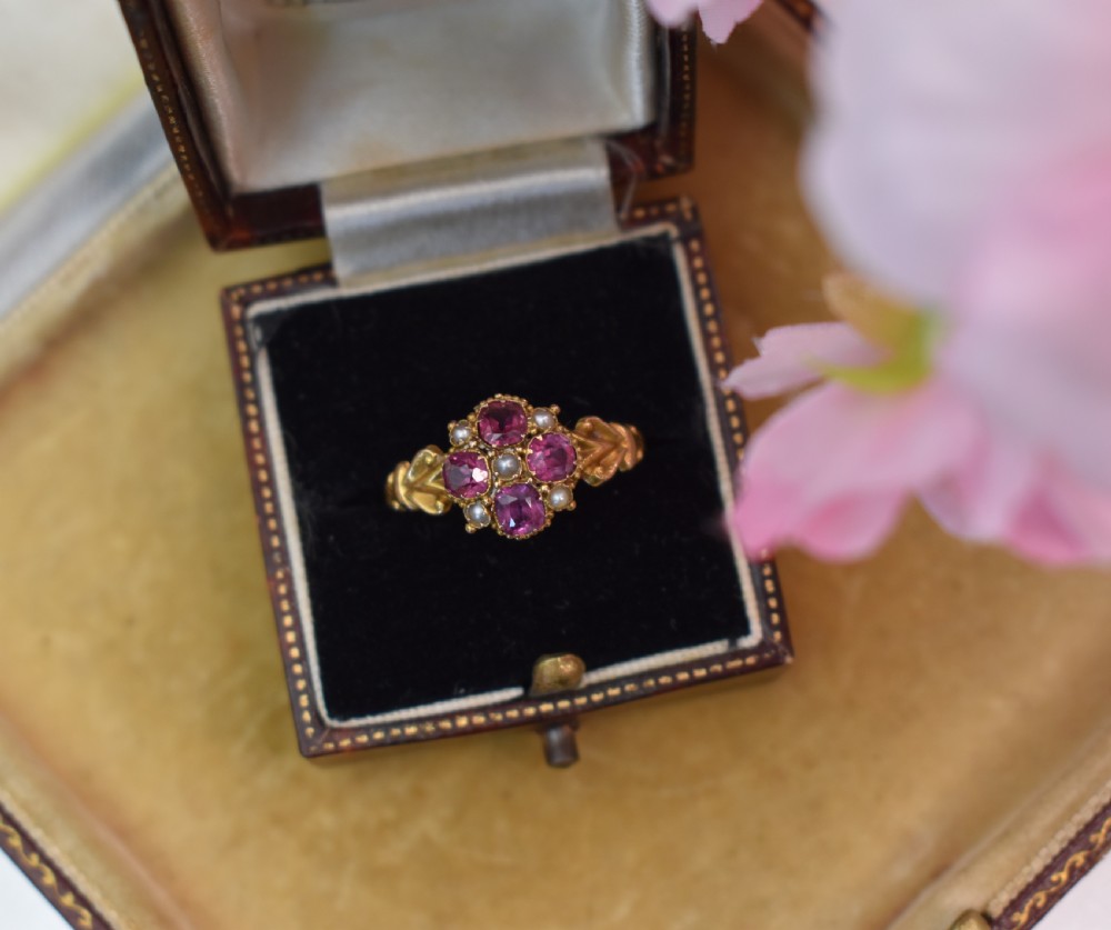 Antique 15ct Gold Flower Ring • Garnet & Pearl Cluster • Hallmarked 1848 • Victorian Ring View XI