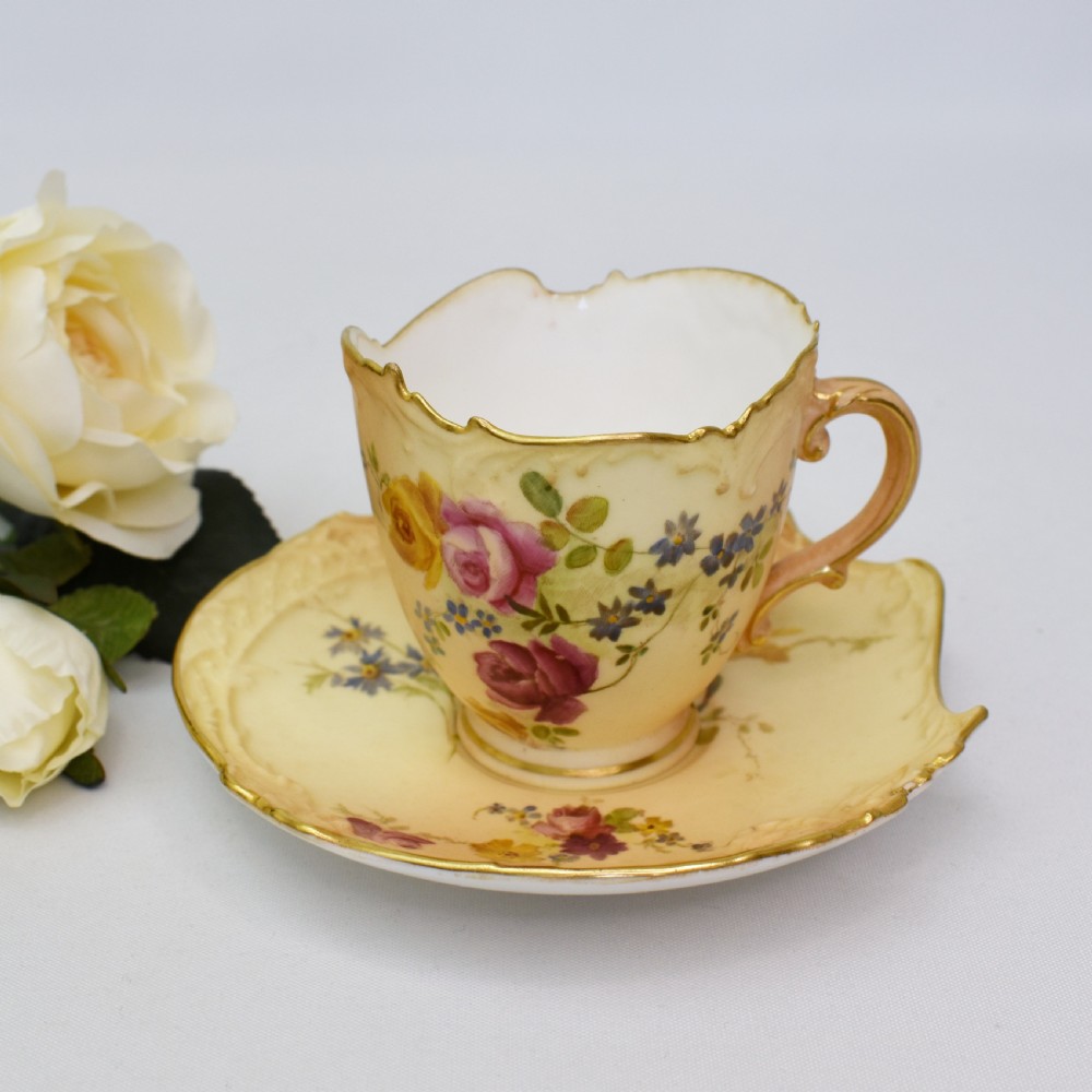 Fine Royal Worcester Empress Shape Cup and Saucer, Blush Ivory, Hand-Painted Flower, 1899