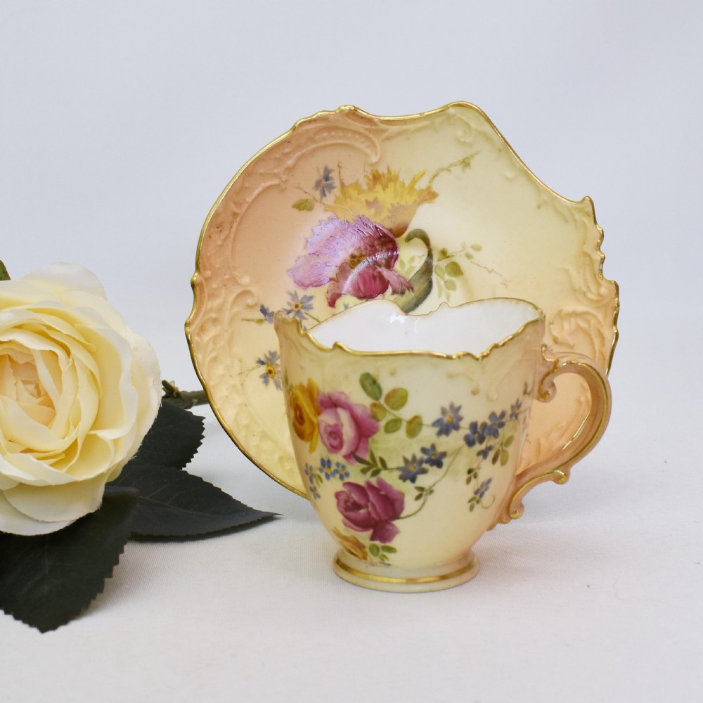 Fine Royal Worcester Empress Shape Cup and Saucer, Blush Ivory, Hand-Painted Flower, 1899 View II