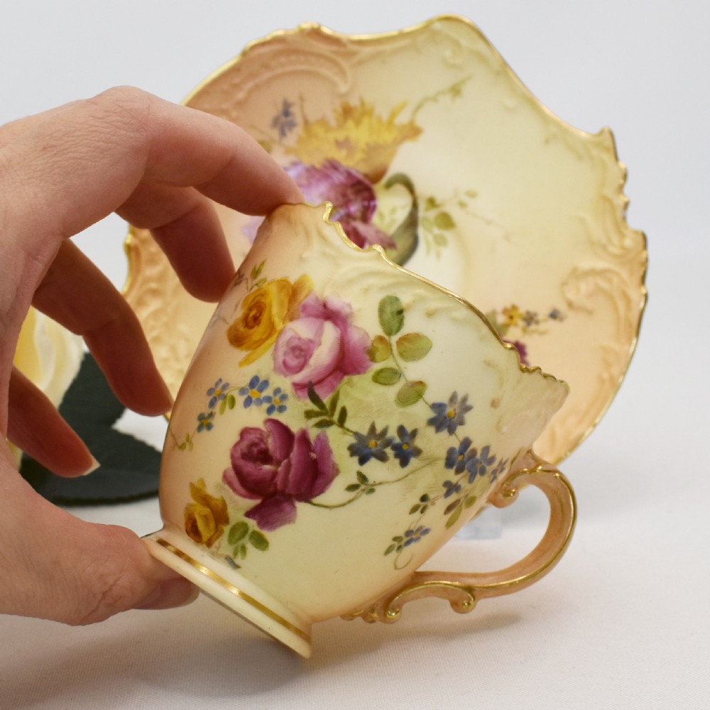 Fine Royal Worcester Empress Shape Cup and Saucer, Blush Ivory, Hand-Painted Flower, 1899 View IV