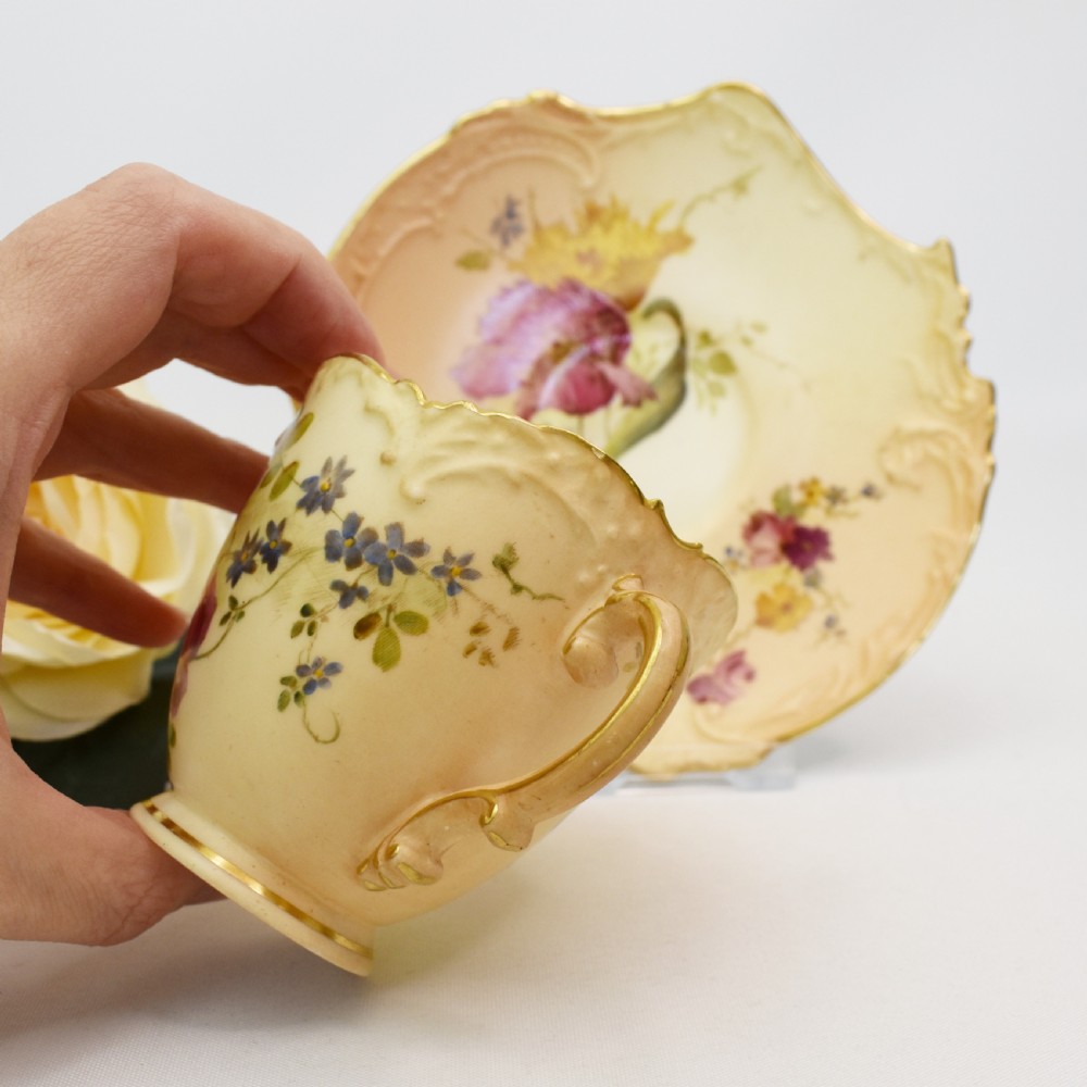 Fine Royal Worcester Empress Shape Cup and Saucer, Blush Ivory, Hand-Painted Flower, 1899 View VI