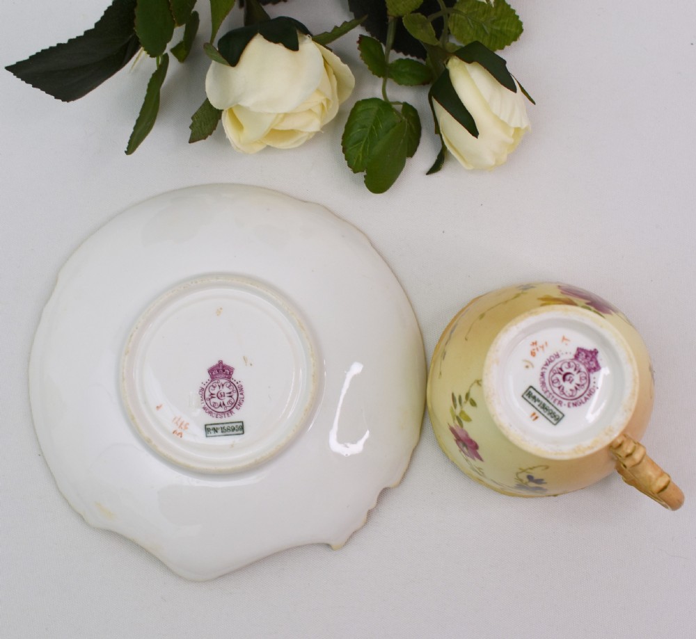 Fine Royal Worcester Empress Shape Cup and Saucer, Blush Ivory, Hand-Painted Flower, 1899 View X