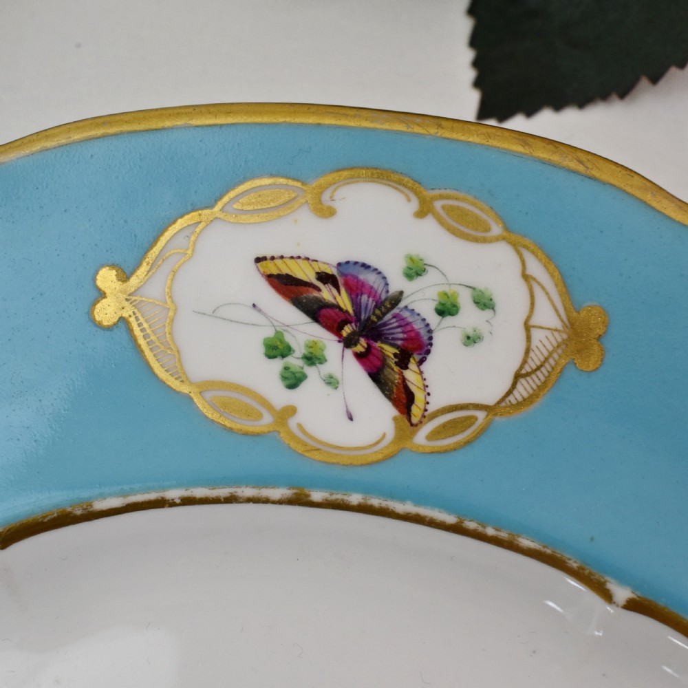 A pair of circular Victorian porcelain dessert plates featuring vibrant turquoise borders with gilded cartouches containing painted flowers and butterflies, with a central spray of pink roses on a white field. View IX