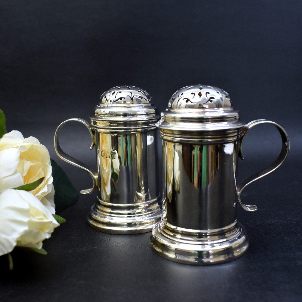Edwardian Britannia Silver Peppers by Charles Stuart Harris, London 1903 – In Original Collingwood & Co Case