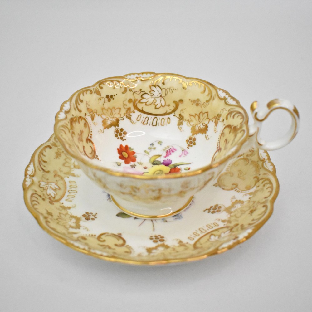 Antique Coalport Adelaide shape teacup & saucer, hand painted by Thomas Dixon, c.1830s View II