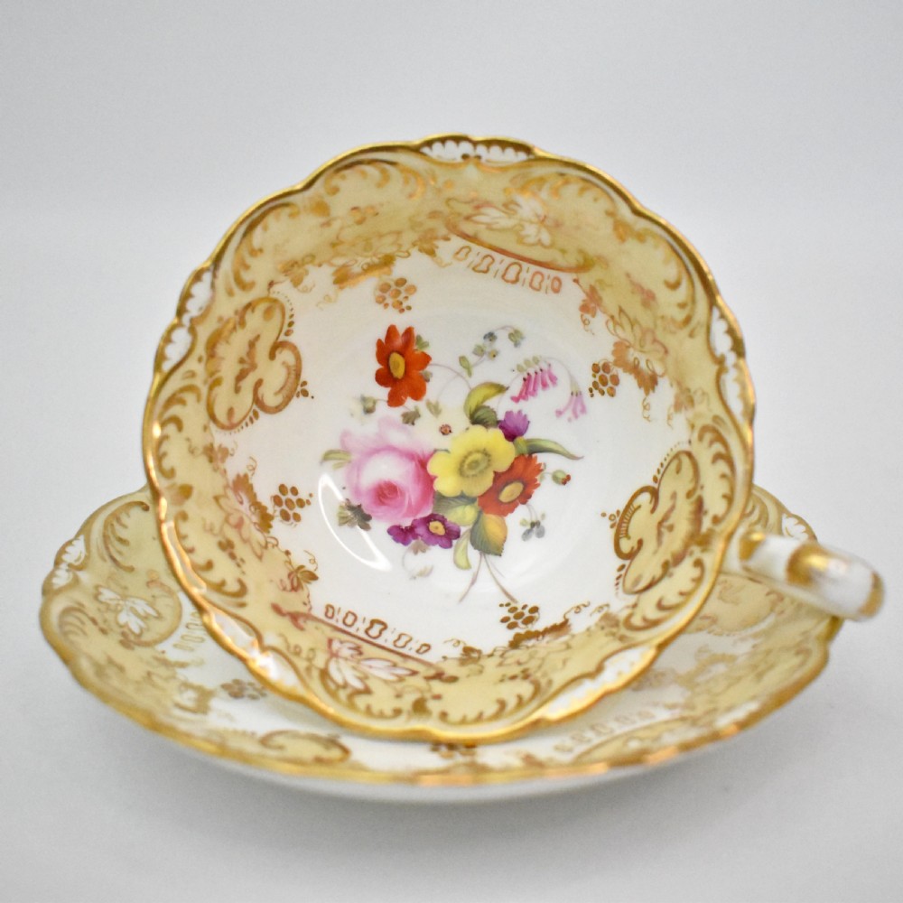 Antique Coalport Adelaide shape teacup & saucer, hand painted by Thomas Dixon, c.1830s View III