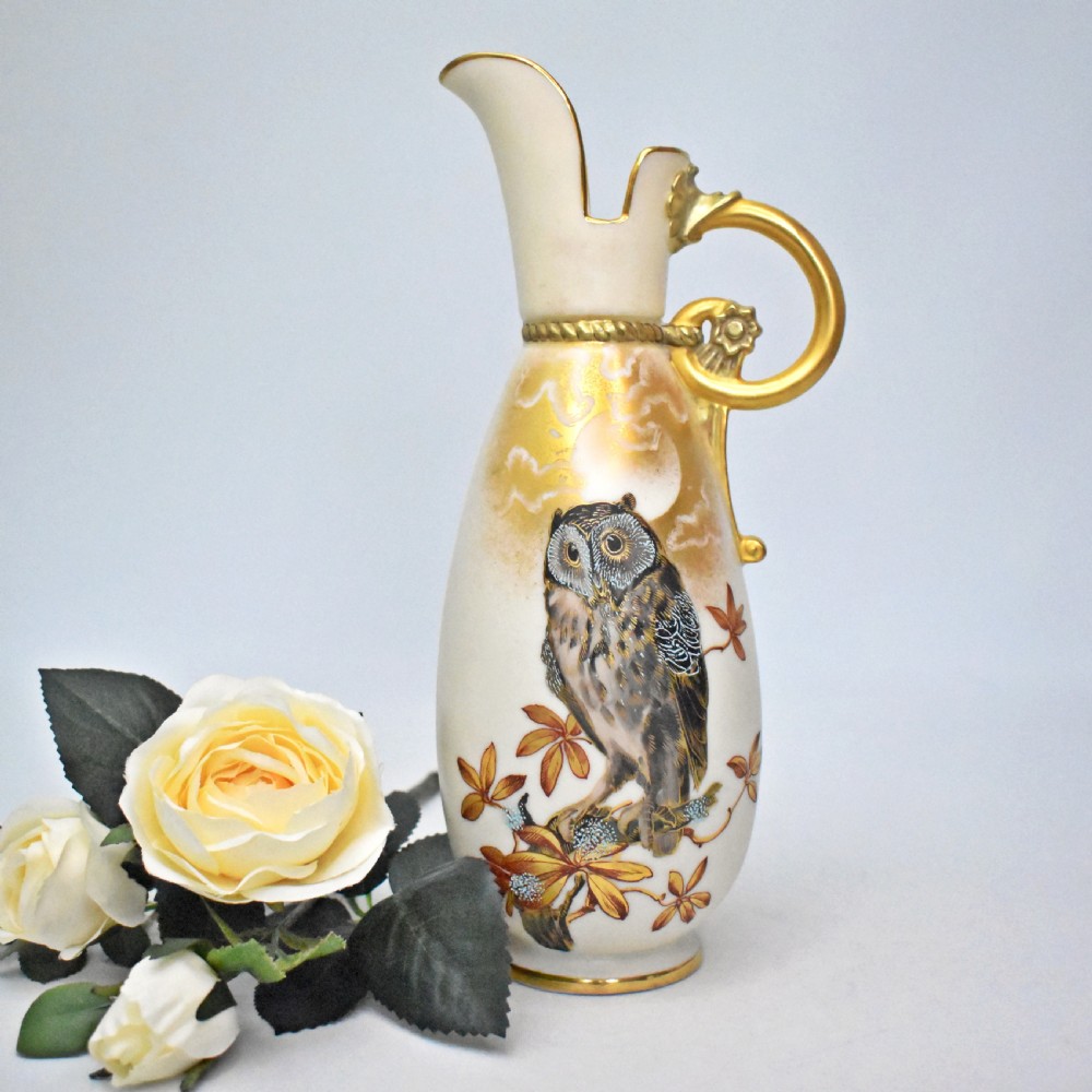 Royal Worcester Blush Ivory Ewer – Charles Baldwyn, Moonlit Owl Design – 1886