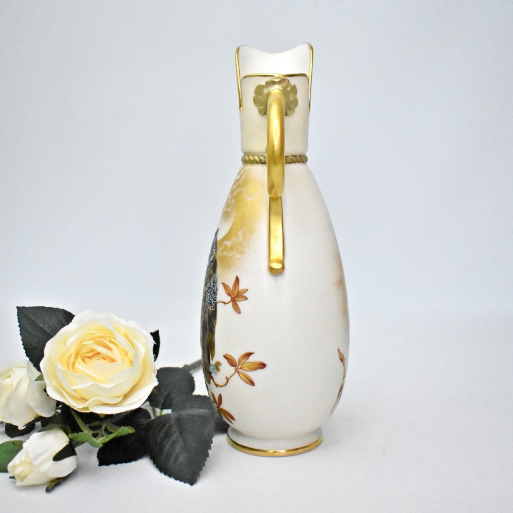 Royal Worcester Blush Ivory Ewer – Charles Baldwyn, Moonlit Owl Design – 1886 View IV